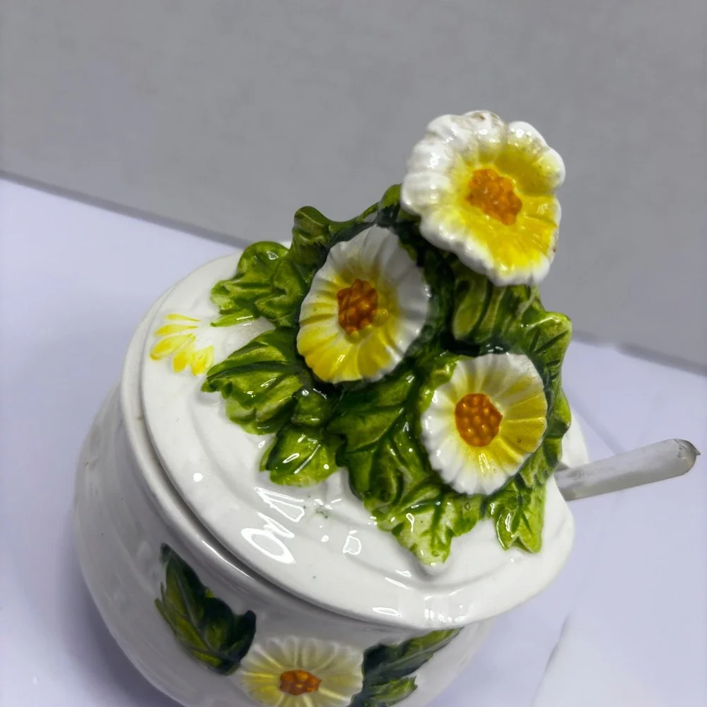 Vintage Lefton Daisy Jam Honey Pot 3858 Basketweave Ceramic Jar with Spoon Japan